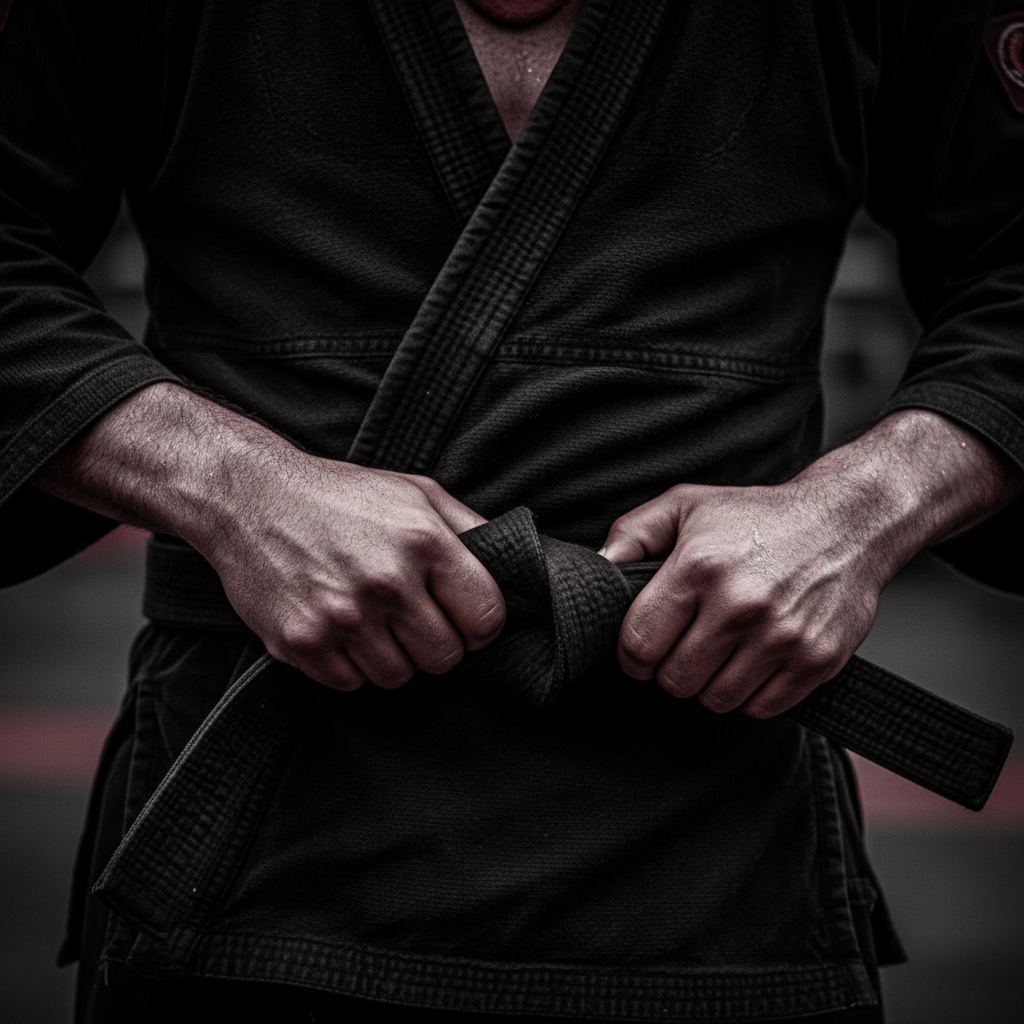 Hands gripping a black belt tied over a dark gi
