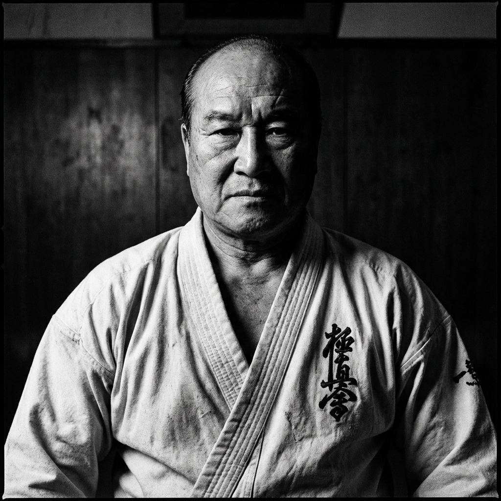 Sosai Masutatsu Oyama in his gi, seated, facing the camera