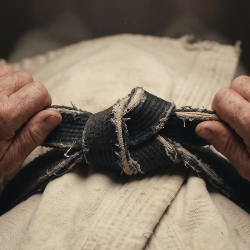 The square knot of a worn black belt