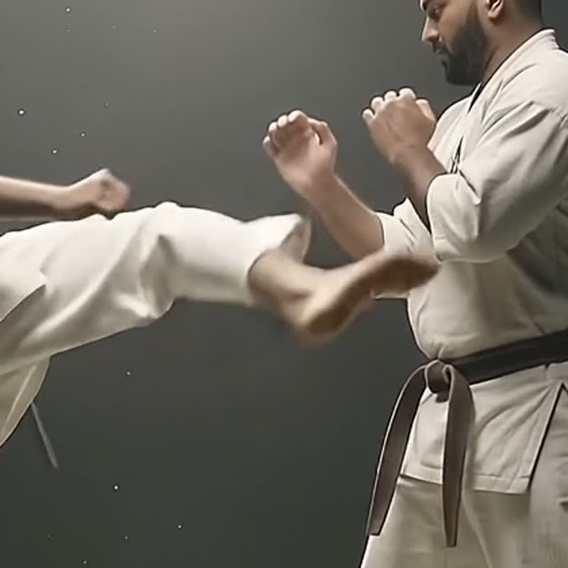 A shin meeting a raised forearm in a kumite exchange